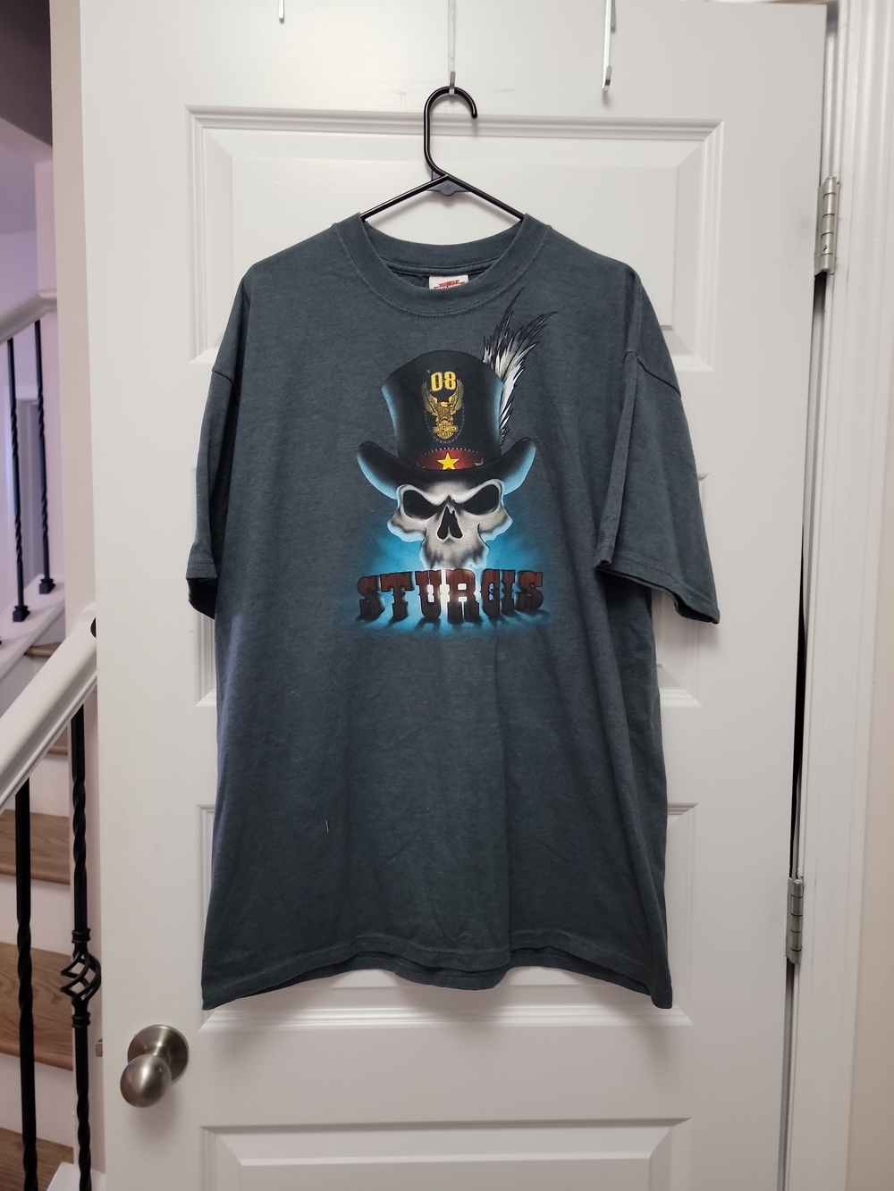 Harley-Davidson Gray Skull Top Hat Sturgis Tee with Blue Accents XL